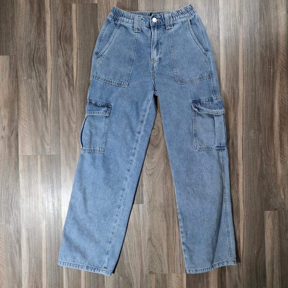 Simple Society Light Wash High Waisted Wide Leg Cargo Jeans Elastic Waist 1007